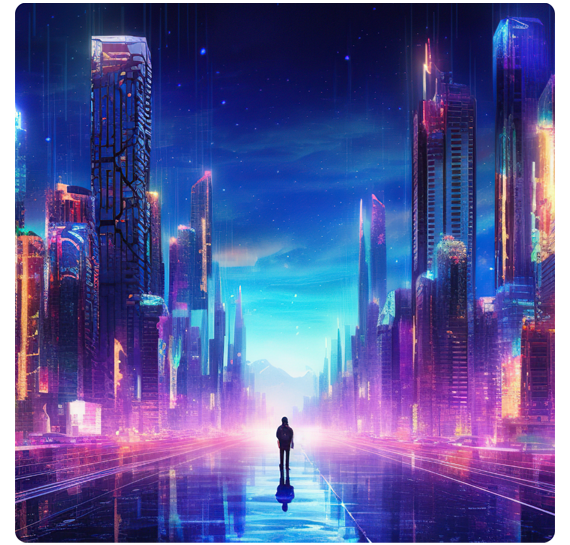 A person walking down a futuristic and very colorful street